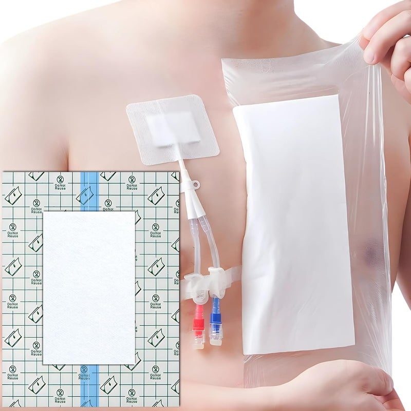 EaseToU 12"x15.7" Waterproof Dialysis Port Shower Covers Protector for Chest with No Glue On The Center, PICC Line Chest Port Shield Island Bandage Dressing Accessories, Pack of 14 - Image 1
